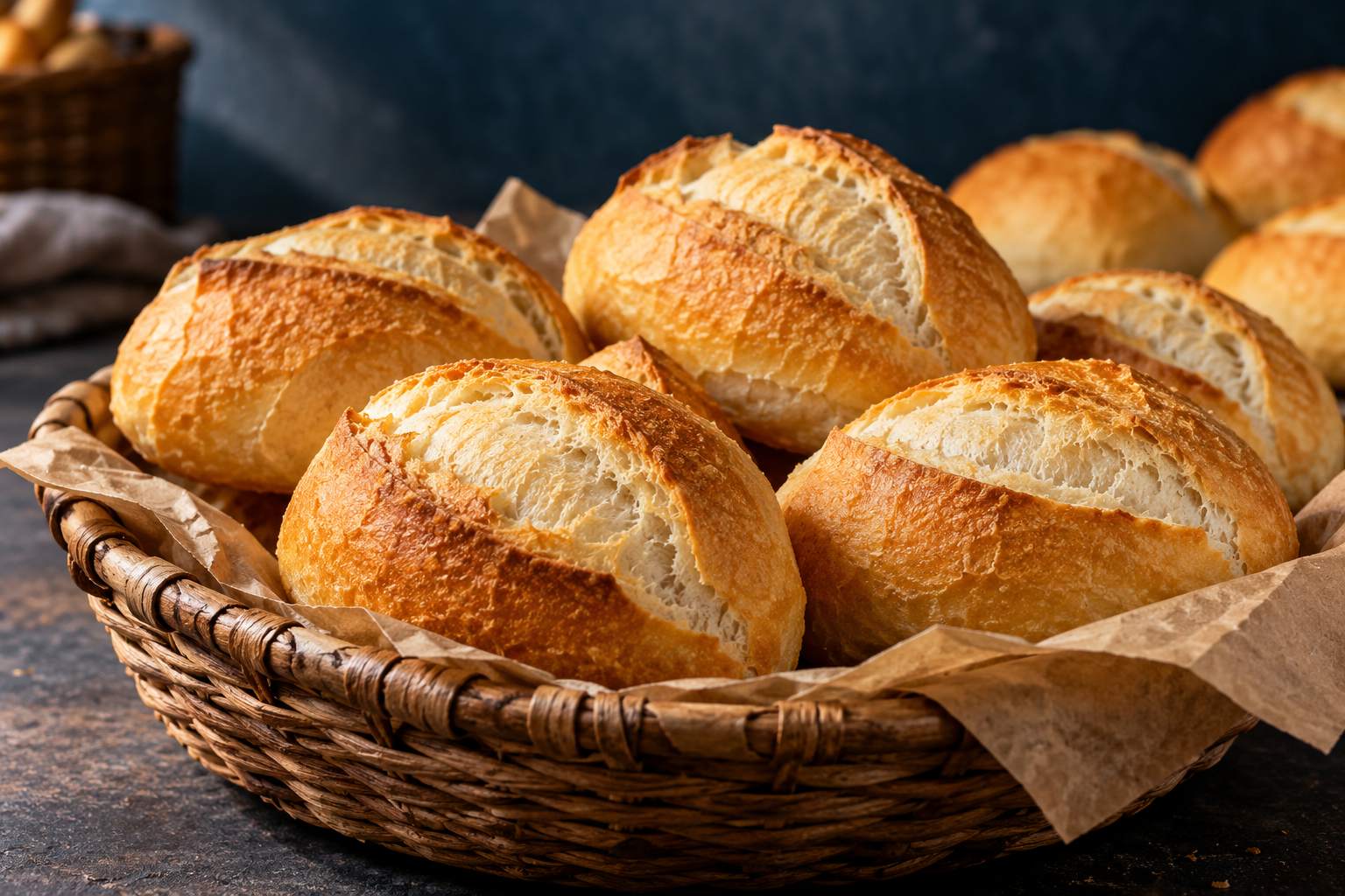 Pães franceses dourados, com casca crocante, em uma cesta de padaria